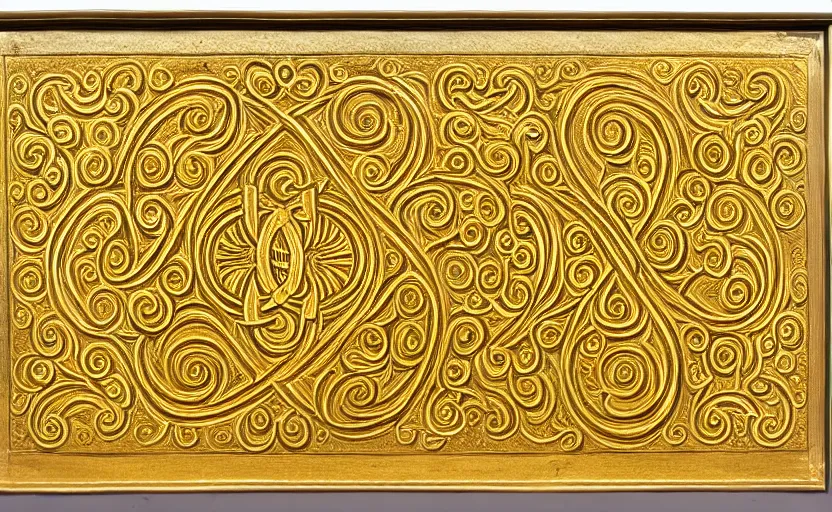 Prompt: ornate engraved carving of infinity symbols on a gold panel