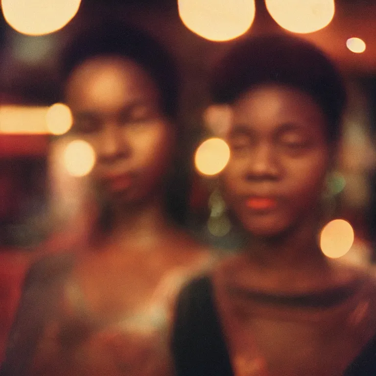 Prompt: analog medium format film night flash bokeh close - up portrait of woman in harlem, 1 9 6 0 s hasselblad film street photography, featured on unsplash, photographed on vintage expired colour film