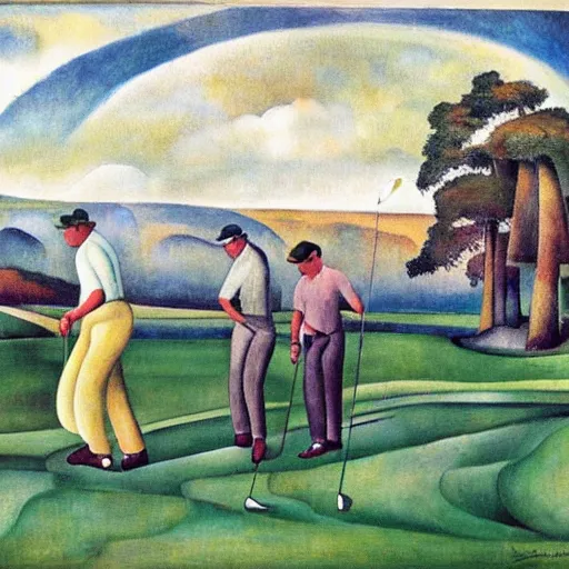 Image similar to Three golfers on a beautiful golf course, by Diego Rivera