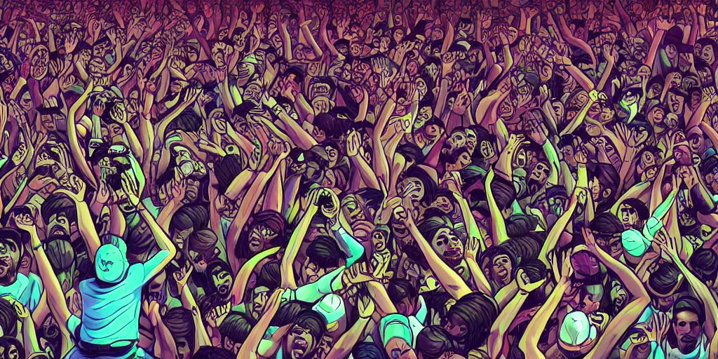 Image similar to rapper leaning over huge crowd reaching up to him, digital art, vapor wave, hip hop, trending on Artstation, professional artist, detailed, 4k