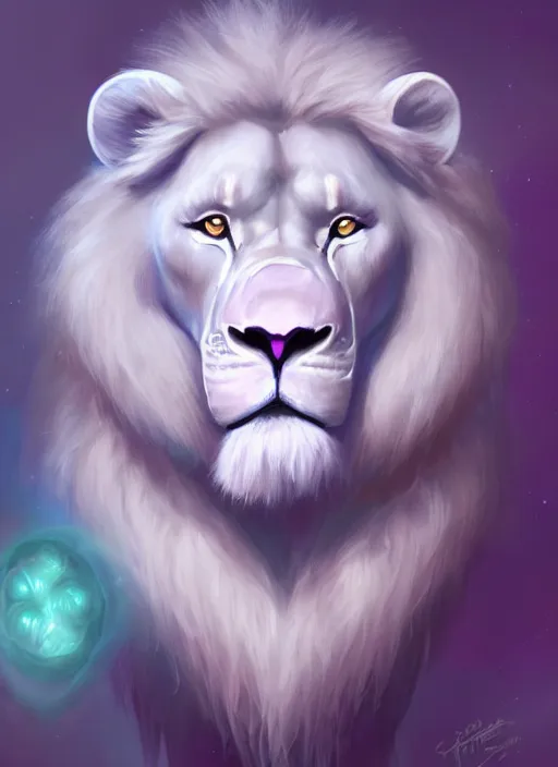 Image similar to aesthetic portrait commission of an albino male furry anthro lion with large muscles and lavender and mint colored glowing orbs of light surrounding and illuminating the lions face softly charlie bowater, detailed, inked, western comic book art, 2017 award winning painting, digital art, artstation