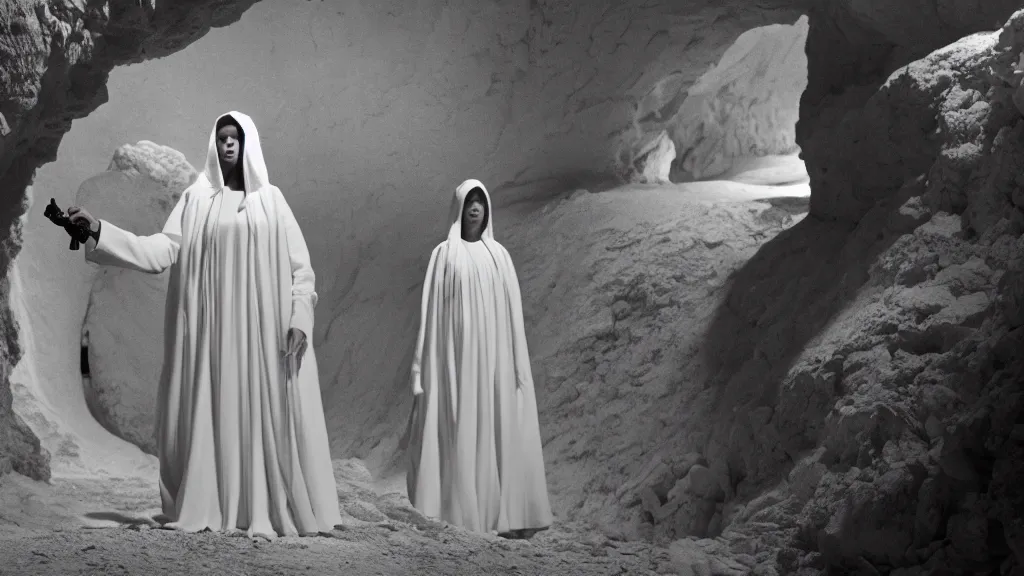 Prompt: a woman in a white gown with a knife in hand approaches a black marble cave, film still from the movie directed by ari aster with art direction by Zdzisław Beksiński, wide lens