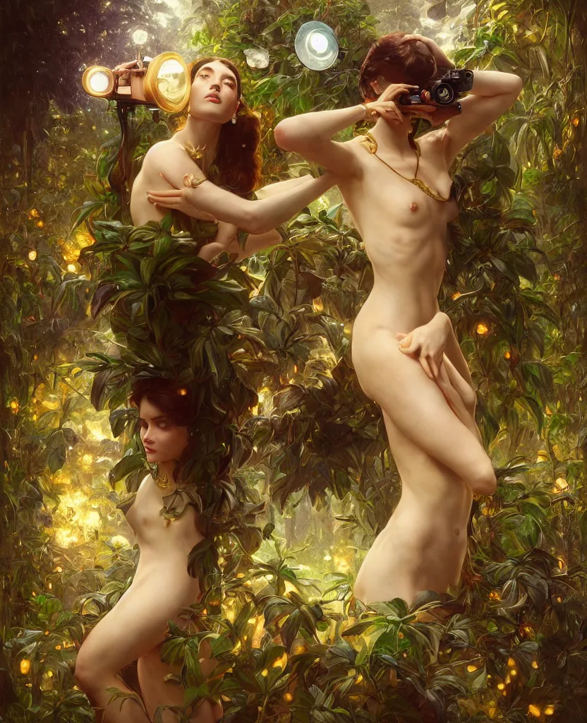 Image similar to hyper realistic photographer looking through a vintage medium format camera, magic pouring from lens, full body pose, design on white background, beautiful details, lush foliage cyberpunk, gold, drawn by john singer sargent, tom bagshaw, norman rockwell, alphonso mucha, lolish, trending on artstation