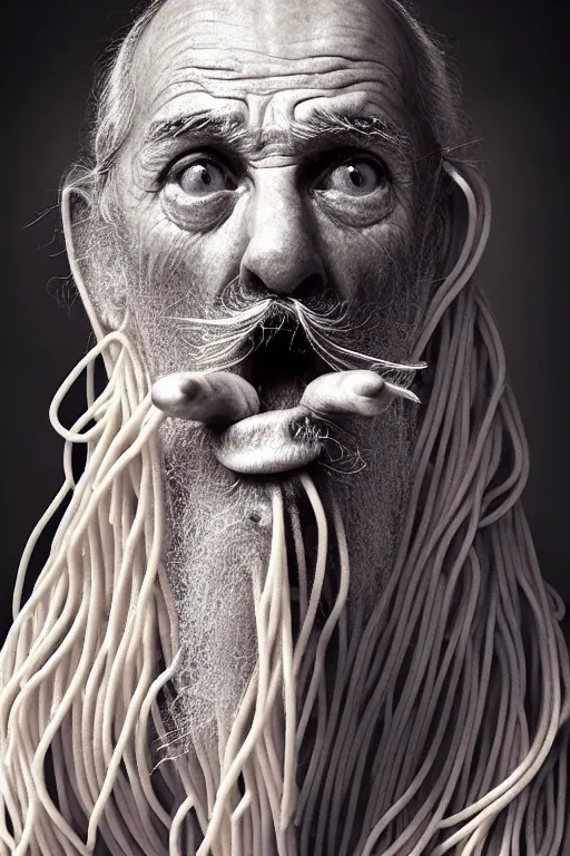 Image similar to extremely detailed portrait of old italian cook, spaghetti mustache, slurping spaghetti, spaghetti in the nostrils, spaghetti hair, spaghetti beard, huge surprised eyes, shocked expression, scarf made from spaghetti, full frame, award winning photo by michal karcz and yoshitaka amano