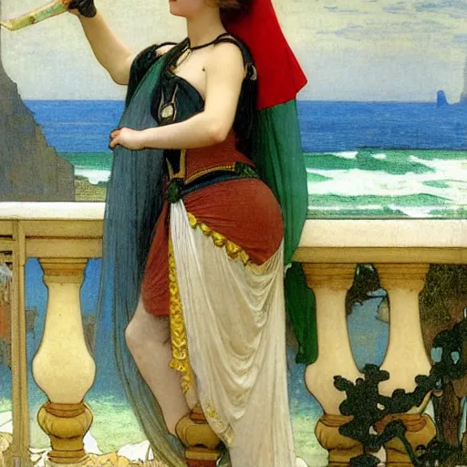 Prompt: A girl with jester clothes and a sword on the front of a Balustrade with a beach on the background, major arcana clothes, by paul delaroche, alphonse mucha and arnold böcklin arnold böcklin hyperrealistic 8k, very detailed