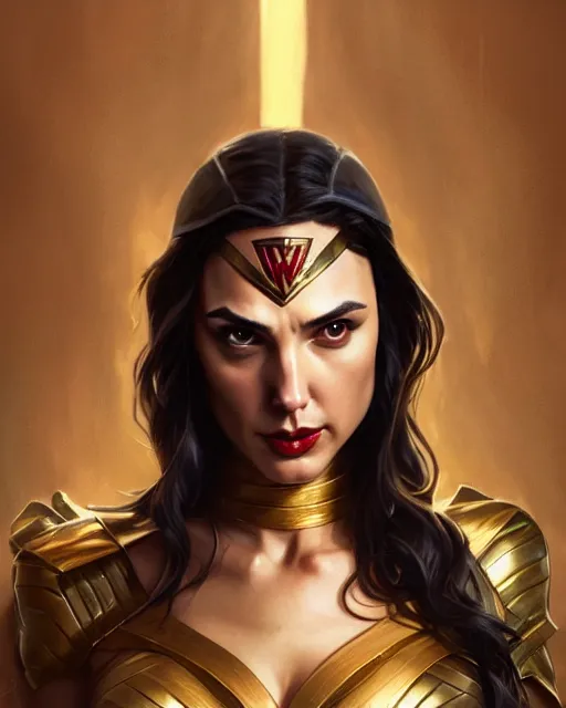 Image similar to gal gadot vampire, perfect face, gold waistcoat, cinematic, stunning, highly detailed, digital painting, artstation, smooth, hard focus, illustration, art by artgerm and greg rutkowski and alphonse mucha