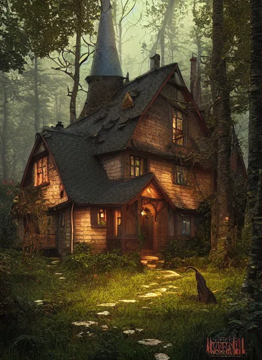 Image similar to hyper realistic homely witch cottage with random architectural styles, in the woods gorgeous lighting, highly detailed, lush forest painting by norman rockwell, james gurney zdzisław beksinski and norman rockwell and greg rutkowskiweta octane render