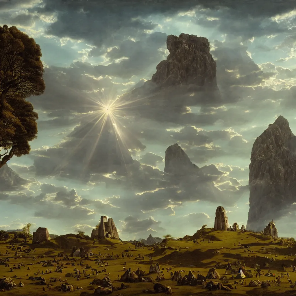 Image similar to a large single monolith with a hobbit house on top in the middle of a wide open field from a distance with mountains in the background and god rays shining through the coulds on the monolith, epic, cinematic, walton ford, jan van eyck, walton ford, fine details, high contrast