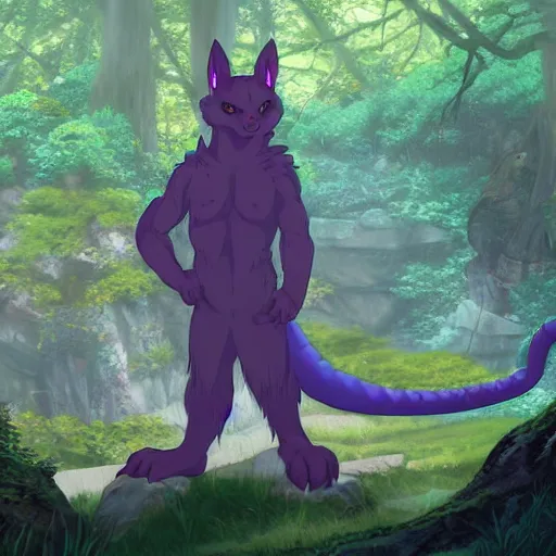 Image similar to concept art painting of an anthropomorphic purple anime furry dragon, in the deep forest, realistic, detailed, cel shaded, in the style of makoto shinkai and greg rutkowski and james gurney