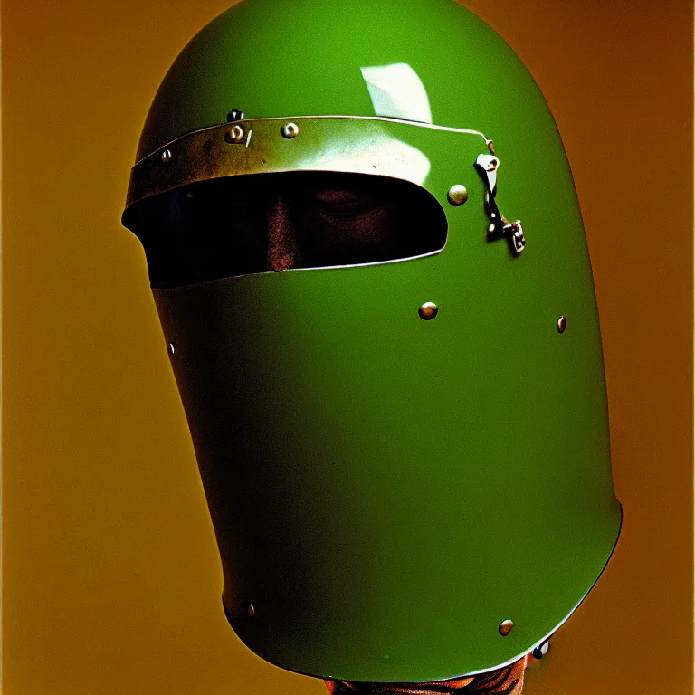 Prompt: portrait of a knight in a motorcycle dirt helmet background, green plastic bag, by zdzisław beksinski, elegant, fashion studio, ighting, 3 5 mm, edward hopp