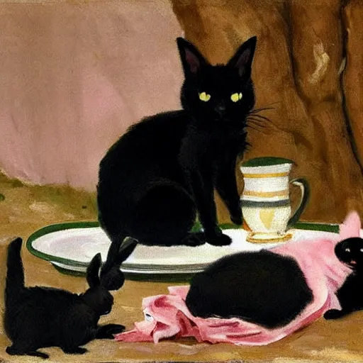 Prompt: a black cat having a picnic with a ((bunny)), the ((bunny)) has pink fur, the cat is drinking tea, highly detailed, painted by John Singer Sargent