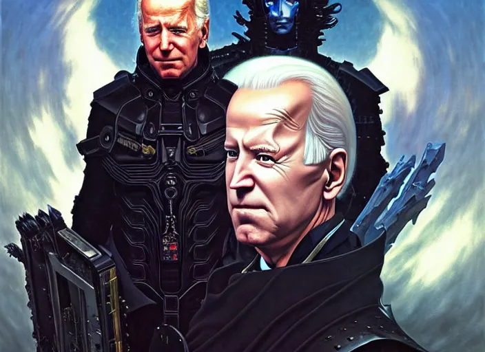 Image similar to portrait of joe biden goth cyborg with white hair in warhammer armor, art by kuvshinov ilya and wayne barlowe and gustav klimt and artgerm and wlop and william - adolphe bouguereau