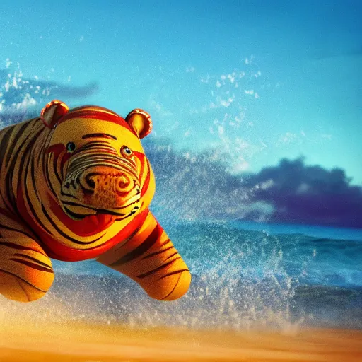 Image similar to a closeup photorealistic photograph of a cute smiling knitted tiger hippopotamus chasing after a beachball during sunset. surf in background. professional capture. this 4 k hd image is trending on artstation, featured on behance, well - rendered, extra crisp, features intricate detail, epic composition and the style of unreal engine.