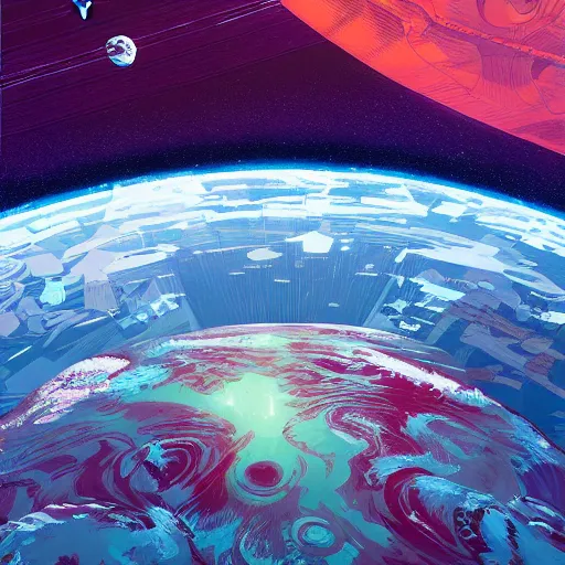 Prompt: an alien planet viewed from the window of a space station. satellite view, highly detailed, smooth, sharp focus, high contrast, bold warm and cool colours, epic depth, graphic novel, art by laurie greasley and pepe larraz,