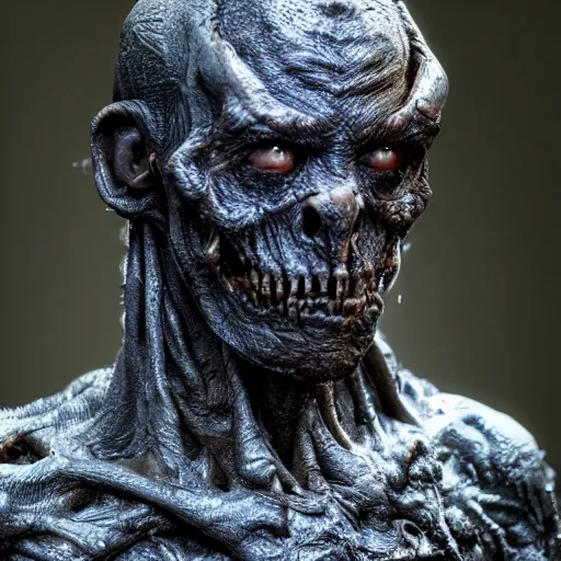 Image similar to photo taken of an epic intricate, ultra detailed, super realistic gritty, wet, slimy, lifelike sculpture of a nightmarish hellish humanoid grim reaper creature created by weta workshop, menacing, some zoomed in shots, photorealistic, sharp focus, extremely cold blueish colour temperature, f 0. 4, full body shot