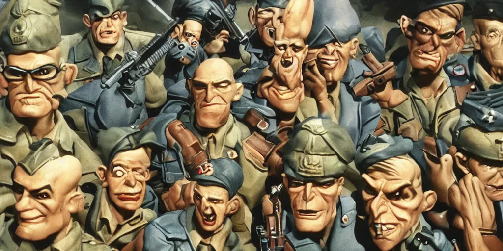Image similar to small soldiers wwII, surrealism aesthetic, detailed facial expressions