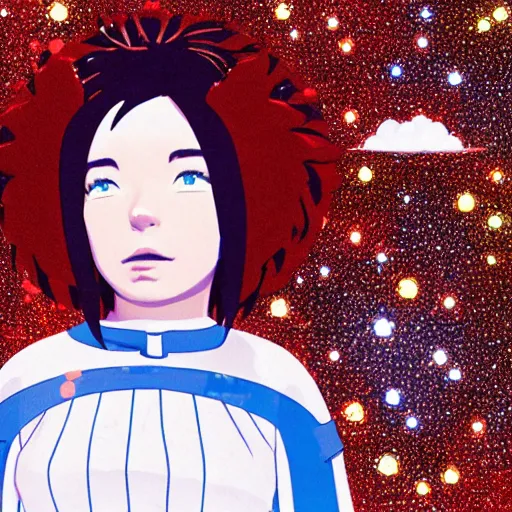 Prompt: bjork as anime, ghibli studio, outer space