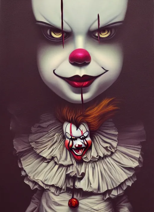 Image similar to pop surrealism, lowbrow art, realistic pennywise painting, japanese street fashion, hyper realism, muted colours, rococo, natalie shau, loreta lux, tom bagshaw, mark ryden, trevor brown style,