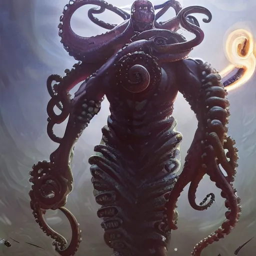 Prompt: steve harvey with tentacle arms and biomechanical squid body, conquering earth, epic battle scene, 8 k, sci - fi fantasy painting, highly detailed, digital painting, artstation, art by artgerm and greg rutkowski and alphonse mucha
