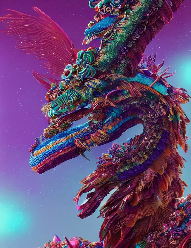 Image similar to goddess macro 3 / 4 profile portrait of quetzalcoatl. quetzal, feathers, bioluminiscent, creature, super intricate ornaments artwork by tooth wu and wlop and beeple and greg rutkowski