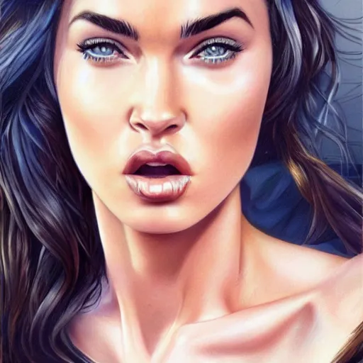 Image similar to megan fox sticking her tongue out. hyperrealistic portrait, photo realistic, poster, artstation, volumetric lighting, digital art, very detailed face by magali villeneuve and by richard meril