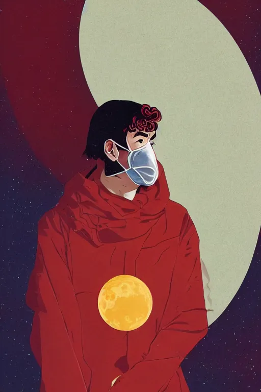 Image similar to portrait of a man with a mask on his face in the form of a spiral in a golden kimono, full face, against the background of a bright red moon, sad motif, by ilya kuvshinov, dramatic, soft colors, futuristic, 8 k