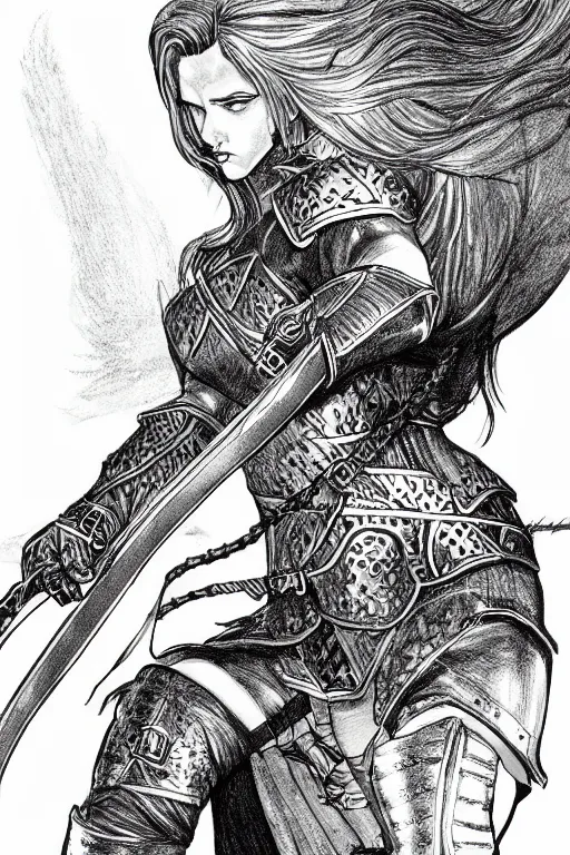 Prompt: a lineart of a beautiful swordmaiden in leather armor, drawn with pencil, comic art, outlines, intricate, by everton sousa,