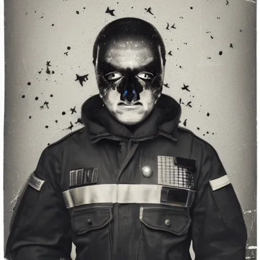 Image similar to portrait of a anti-riot policeman with head on fire , front, centered, riot background, at night ,editorial photography