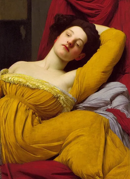 Image similar to masterpiece portrait of lady reclining on bed wearing yellow ochre ornate medieval dress, vertical, foreshortening, colour photography by frederic leighton, william morris, 8 k