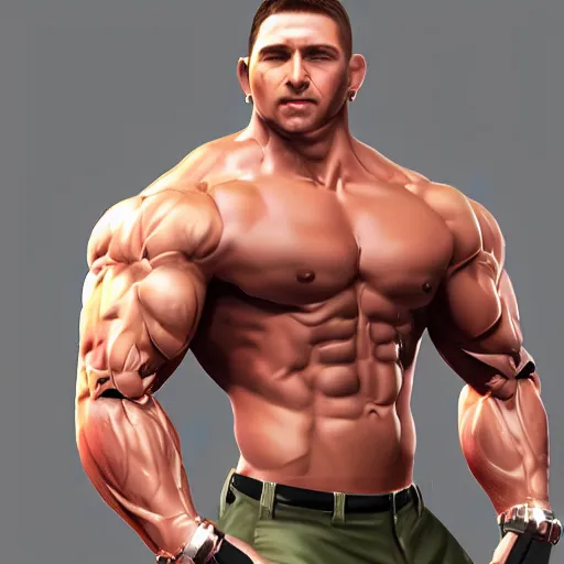 Image similar to a realistic detailed photo of a bodybuilder who is also a male android Chris Redfield, shiny skin, posing robotically, blank stare