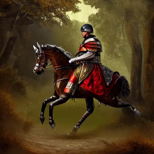 Prompt: aleksandar vucic wearing shining plate armor and riding a horse on a path through a dark forest, highly detailed, digital painting, sharp focus