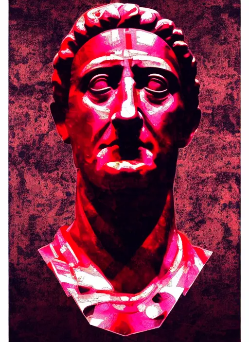 Image similar to black background with subtle red and purple design elements, statue of julius caesar, nekro, collage art, thin lines, dark, glitch art, neo vaporwave, gritty, layout frame, trending on artstation