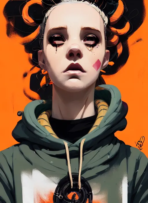 Image similar to highly detailed portrait of a sewer punk lady, tartan hoody, blonde ringlet hair by atey ghailan, by greg rutkowski, by greg tocchini, by james gilleard, by joe fenton, by kaethe butcher, gradient orange, black, blonde cream and white color scheme, grunge aesthetic!!! ( ( graffiti tag wall background ) )