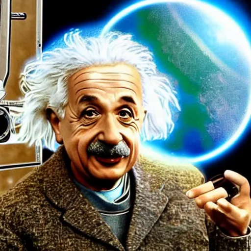 Image similar to still photo of surprised albert einstein in spacesuit, flat earth on three turtles at background, highly detailed, photorealistic shot, bright studio setting, studio lighting, crisp quality and light reflections, unreal engine 5 quality render