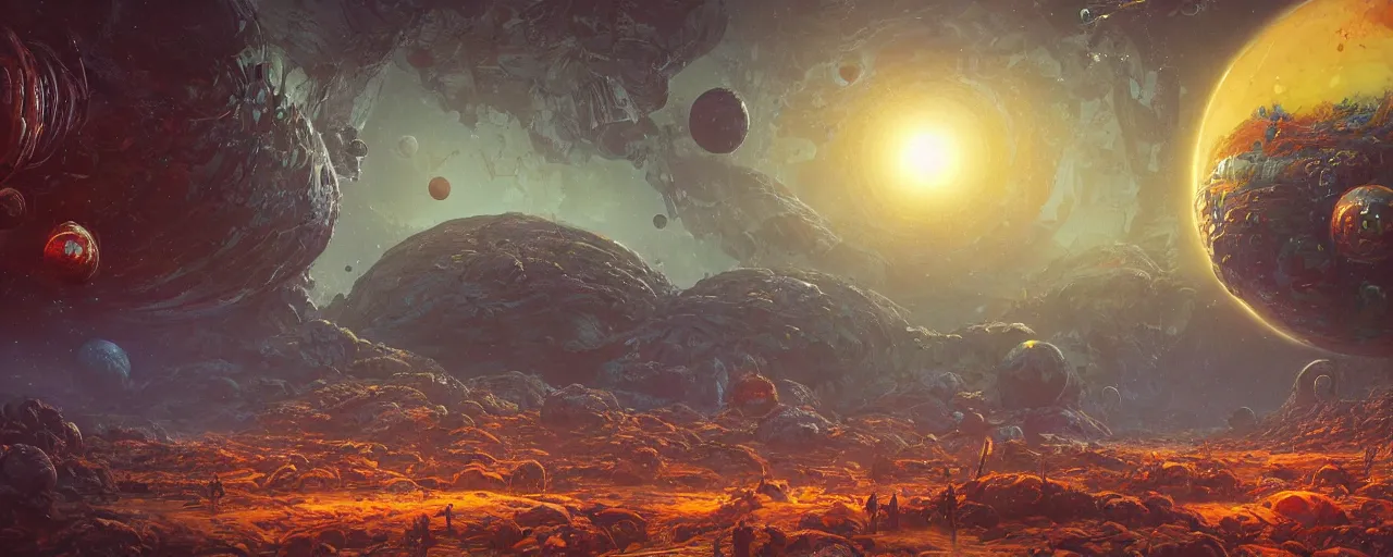 Image similar to ” outer planet with strange and mysterious eggs and larvae, [ art by paul lehr, cinematic, detailed, epic, widescreen, opening, establishing, mattepainting, photorealistic, realistic textures, octane render ] ”