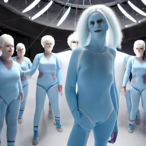 Image similar to troop of freak show women with white hair, white hair, tight light blue neopren suits, futuristic production facility, sci - fi, highly detailed, cinematic