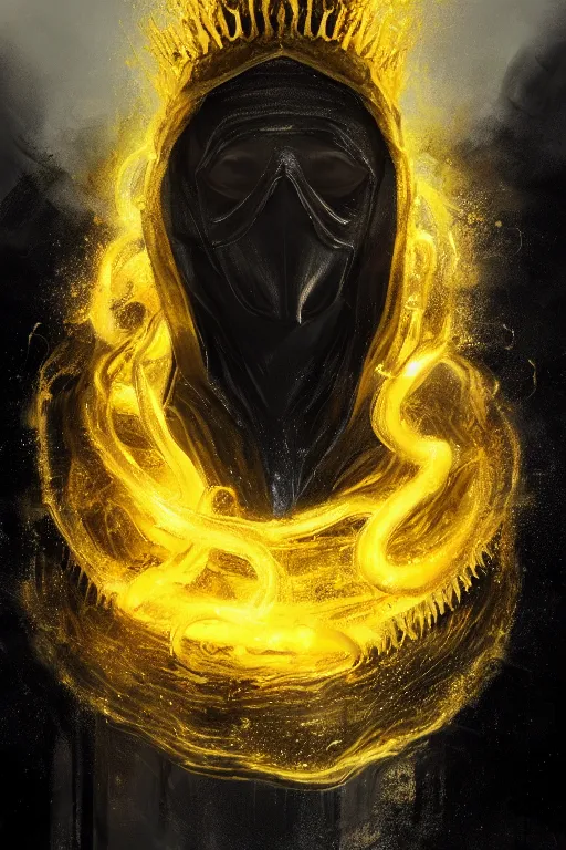 Image similar to A full body portrait of a mysterious character with no face with a very long hooded yellow cloak, a golden crown floating above his head tentacles coming out the ground art by Maciej Kuciara and Jason Chan, ominous, cosmic horror, trending on artstation, Ultra detailed, hyper realistic 4k