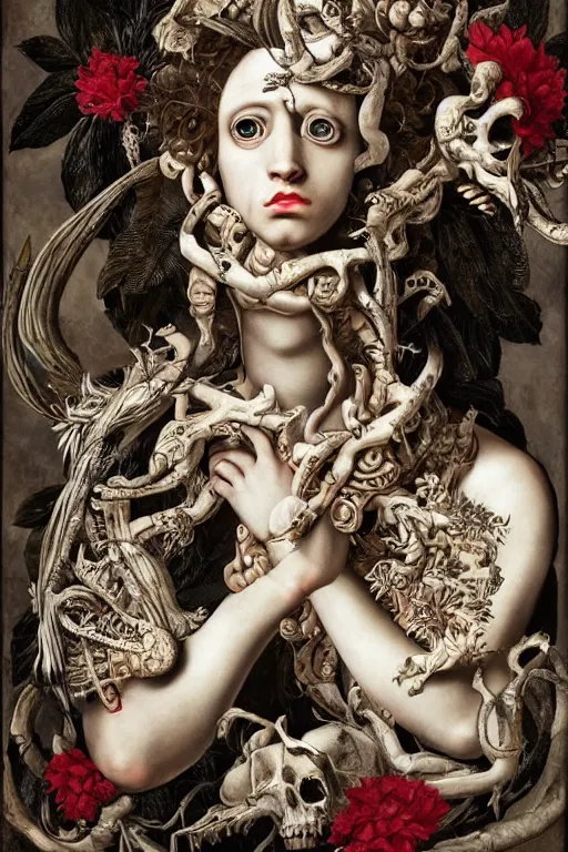 Prompt: Detailed maximalist portrait a greek god with large lips and with large white eyes, exasperated expression, botany bones, HD mixed media, 3D collage, Grimm fury takes character, highly detailed and intricate, surreal illustration in the style of Caravaggio, dark art, baroque