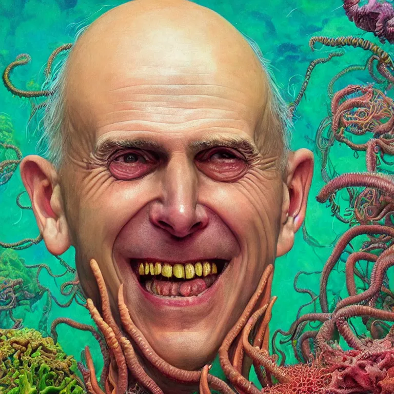 Image similar to Hyperrealistic intensely colored close up studio Photograph portrait of deep sea bioluminescent Senator Rick Scott, symmetrical face realistic proportions eye contact tentacles, Laughing maniacally in a coral reef underwater, award-winning portrait oil painting by Norman Rockwell and Zdzisław Beksiński vivid colors high contrast hyperrealism 8k