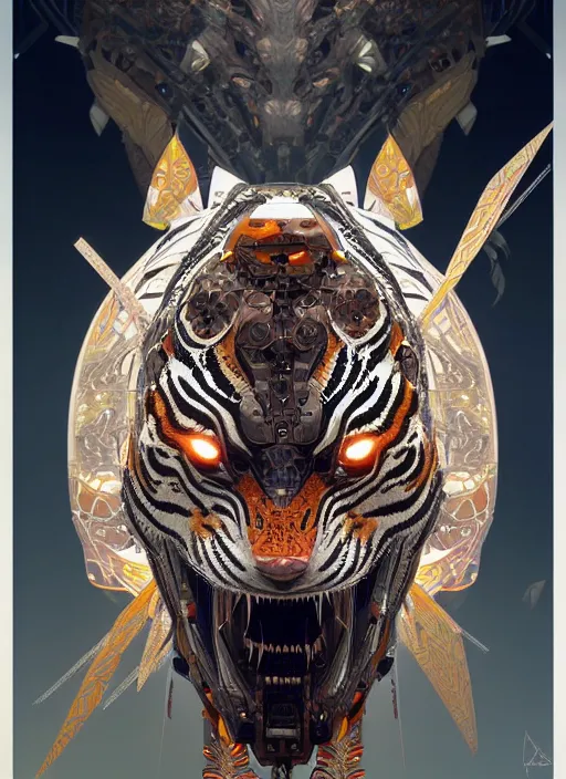 Image similar to symmetry!! portrait of a hybrid robot tiger, floral! horizon zero dawn machine, intricate, elegant, highly detailed, digital painting, artstation, concept art, smooth, sharp focus, illustration, art by artgerm and greg rutkowski and alphonse mucha, 8 k