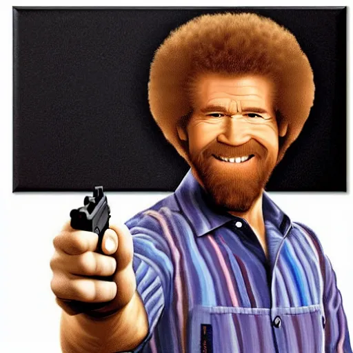 Image similar to Bob Ross with a Glock, Bob Ross painting with a handgun