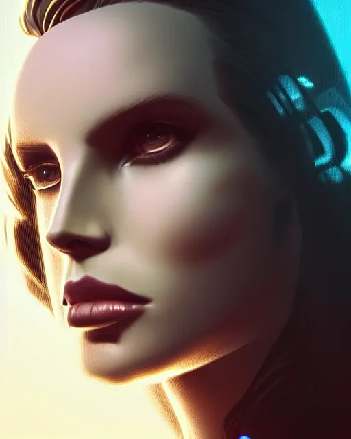 Image similar to portrait of lana del rey as a cyborg. intricate abstract. intricate artwork, by tooth wu, wlop, beeple, dan mumford. concept art, octane render, trending on artstation, greg rutkowski very coherent symmetrical artwork. cinematic, key art, hyper realism, high detail, octane render, 8 k, iridescent accents