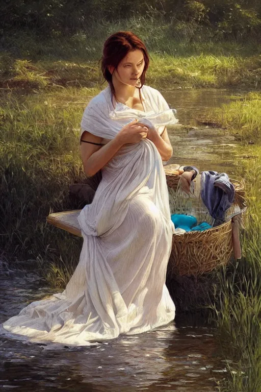 Image similar to rural pregnant woman doing laundry on river, portrait, elegant, intricate, digital painting, artstation, concept art, smooth, sharp focus, illustration, art by artgerm and greg rutkowski and alphonse mucha