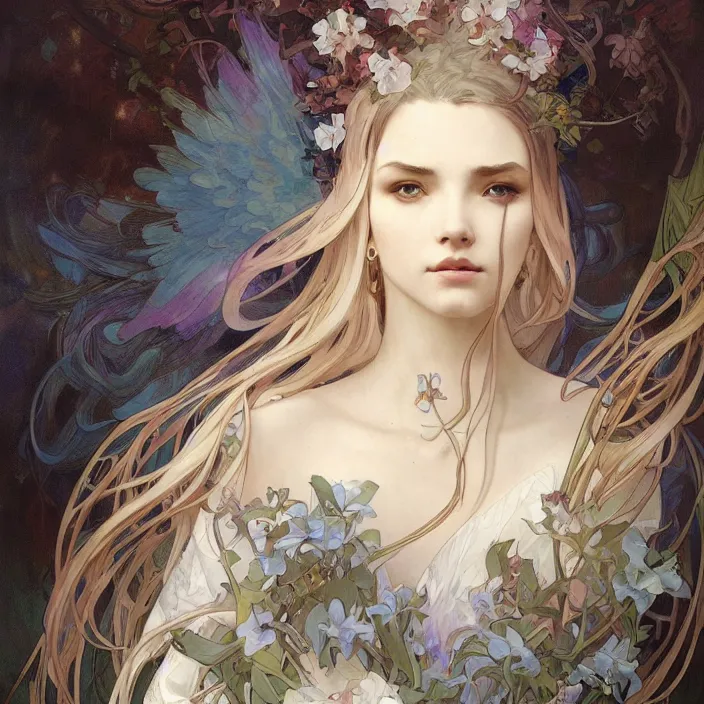 Image similar to a beautiful painting of a beautiful angel by ross tran!! and alphonse mucha and greg rutkowski! and gustav dore! and artgerm!!, in style of digital art illustration. symmetry. highly detailed face. fantasy, smooth, hyper detailed, sharp focus, soft light. trending on artstation. 4 k