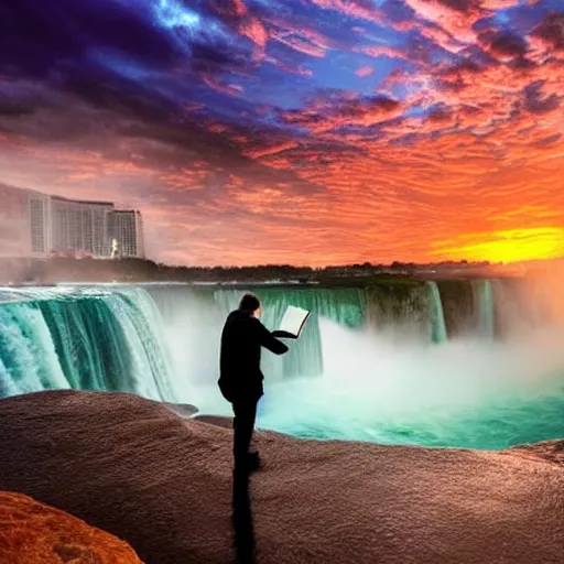 Image similar to highly detailed concept art of award winning cinematic still of close up of man reading the Bible at Niagara falls, waterfalls, colorful sunset, epic, cinematic lighting, dramatic angle, heartwarming drama directed by Steven Spielberg,