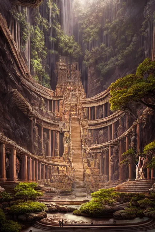 Image similar to An amazing interior of the temple of the gods of nature, intricate details, vast open interior, amazing and tall waterfalls, dramatic lighting, digital art, trending on Artstation, dark, hyper-realistic, detailed