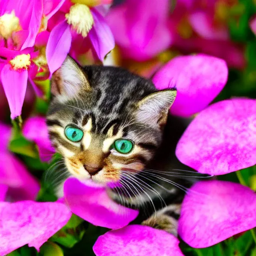 Image similar to a professional photograph of a tiny cat climbing a giant flower, high quality, highly detailed, cute, HD, 8K