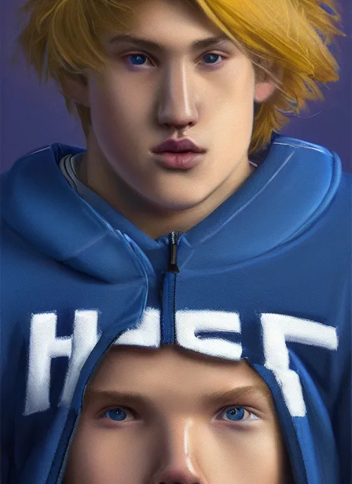 Image similar to portrait of high school senior boy named big moose, blonde short hair, jock, beefy, wide face, square jaw, square facial structure, blue varsity jacket with letter r, intricate, elegant, glowing lights, highly detailed, digital painting, artstation, concept art, sharp focus, illustration, art by wlop, mars ravelo and greg rutkowski