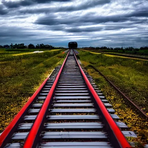 Image similar to train on sky flying through rails made out of clouds