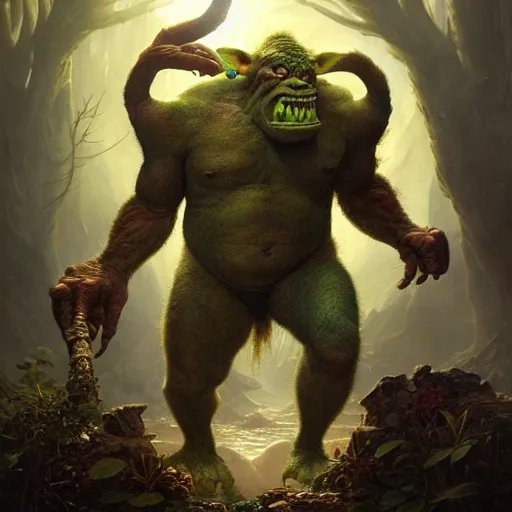 Image similar to a hyperrealistic illustration of a mix of an oger and giant and goblin, 8 k ultra realistic creature, detailed intricate, with fractal sunlight, award - winning, masterpiece, in the style of tom bagshaw, cedric peyravernay, peter mohrbacher